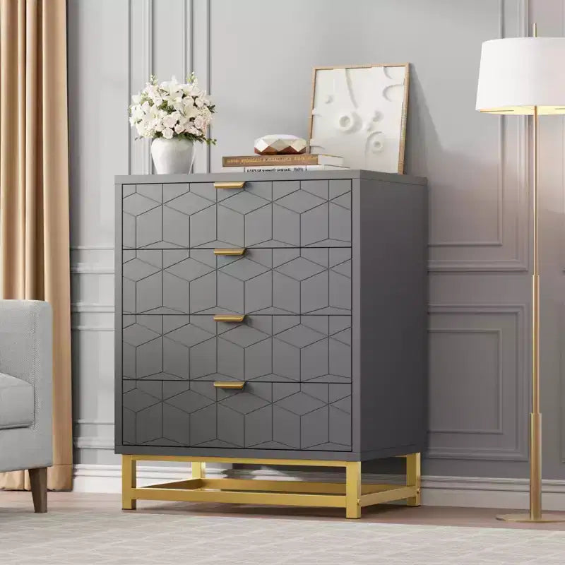 Commode moderne à 4 tiroirs avec poignées en métal doré pour chambre à coucher, salon, couloir, entrée