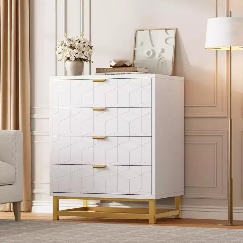 Commode moderne à 4 tiroirs avec poignées en métal doré pour chambre à coucher, salon, couloir, entrée