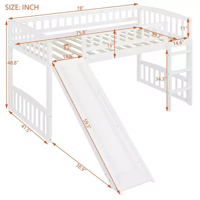 Lit bas superposé jumeau avec toboggan et échelle pour enfants, en bois blanc
