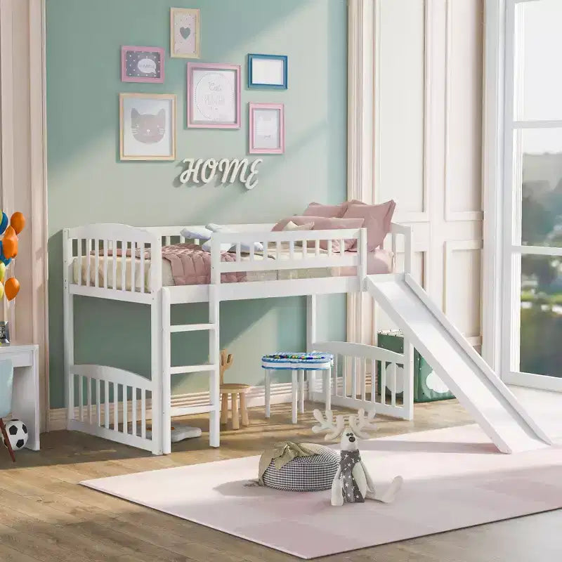 Lit bas superposé jumeau avec toboggan et échelle pour enfants, en bois blanc