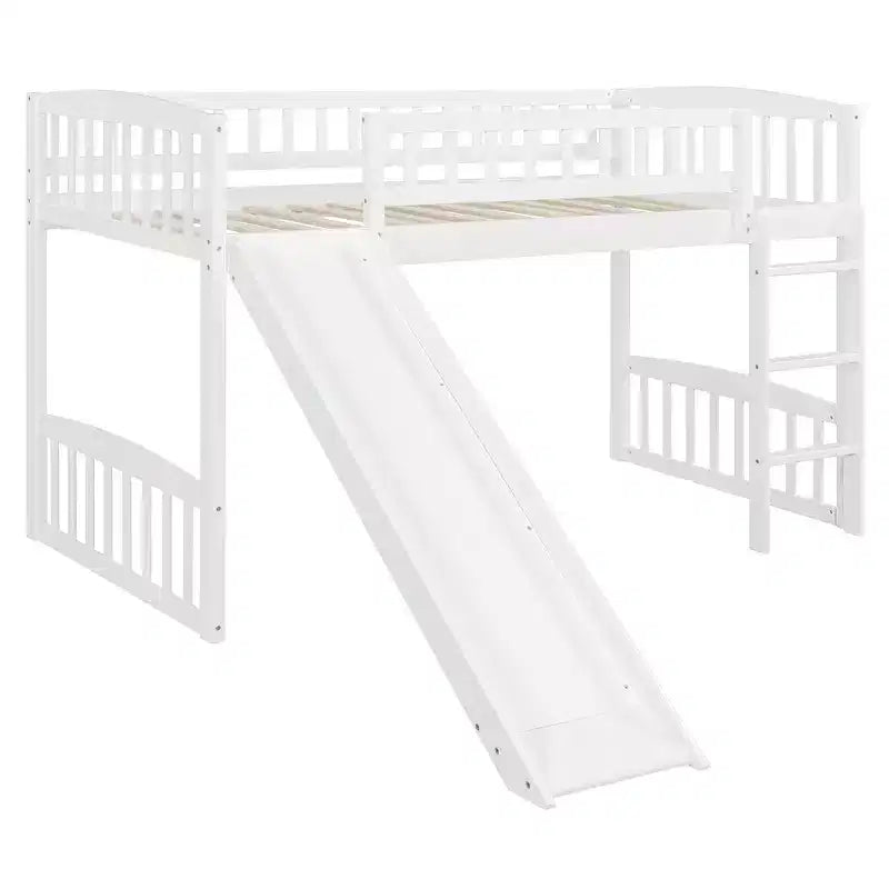 Lit bas superposé jumeau avec toboggan et échelle pour enfants, en bois blanc