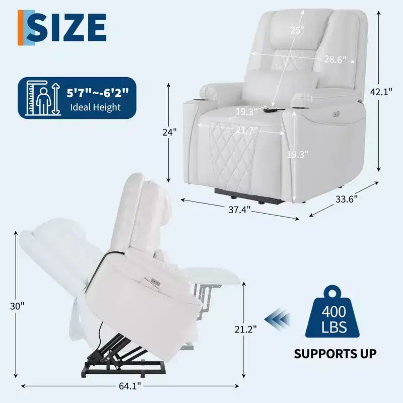Fauteuil inclinable releveur électrique pour personnes âgées - 3 positions, ports USB, porte-gobelets, poches latérales