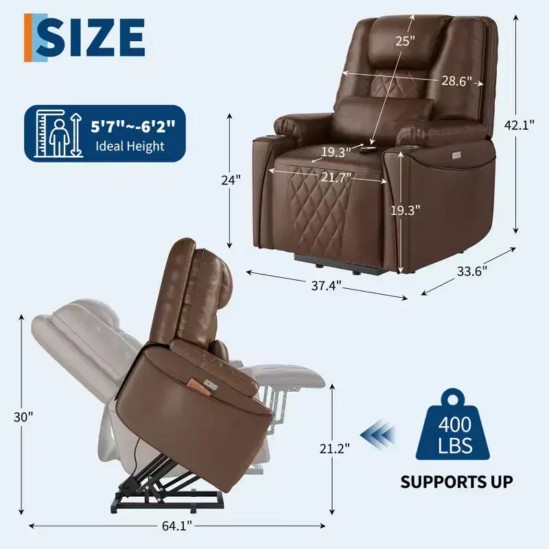 Fauteuil inclinable releveur électrique pour personnes âgées - 3 positions, ports USB, porte-gobelets, poches latérales