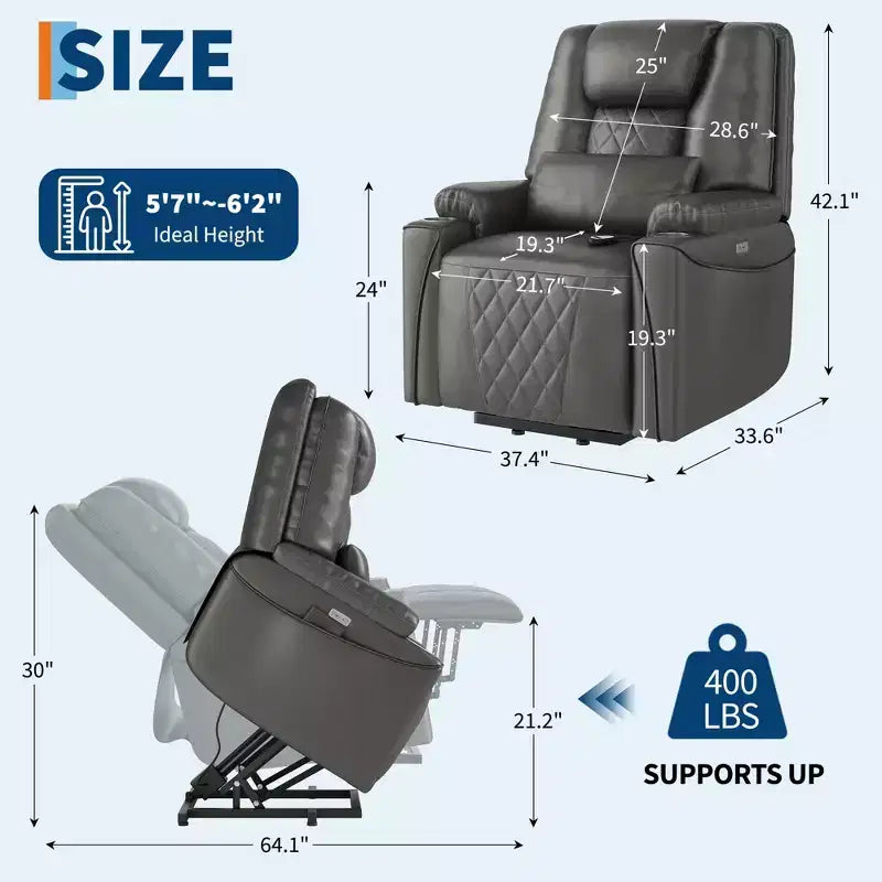 Fauteuil inclinable releveur électrique pour personnes âgées - 3 positions, ports USB, porte-gobelets, poches latérales