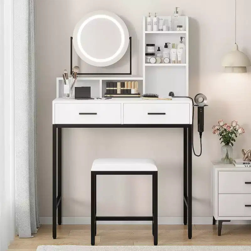 COZONY Vanity Desk with Mirror Lights 3 Colors, Makeup Table 2 Drawers Stool Po wer Ou tlet White Oak
