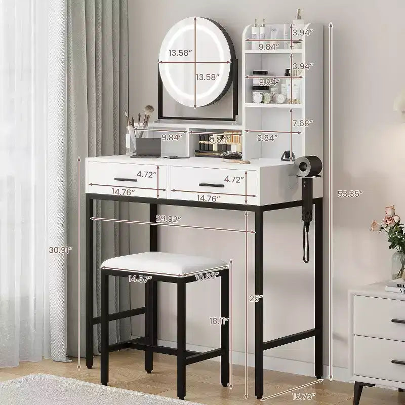 Coiffeuse avec Miroir Lumineux 3 Couleurs, Table de Maquillage avec 2 Tiroirs, Tabouret et Prise Électrique, Chêne Blanc