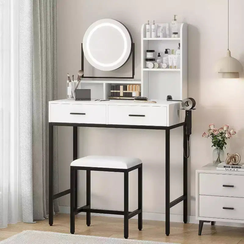 Coiffeuse avec Miroir Lumineux 3 Couleurs, Table de Maquillage avec 2 Tiroirs, Tabouret et Prise Électrique, Chêne Blanc