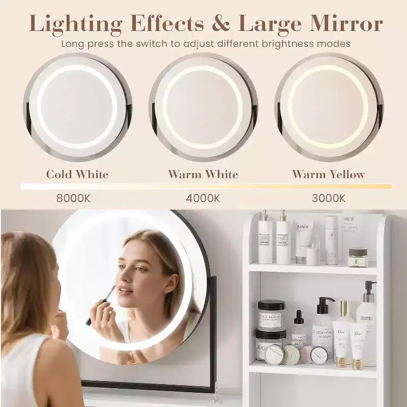 Coiffeuse avec Miroir Lumineux 3 Couleurs, Table de Maquillage avec 2 Tiroirs, Tabouret et Prise Électrique, Chêne Blanc