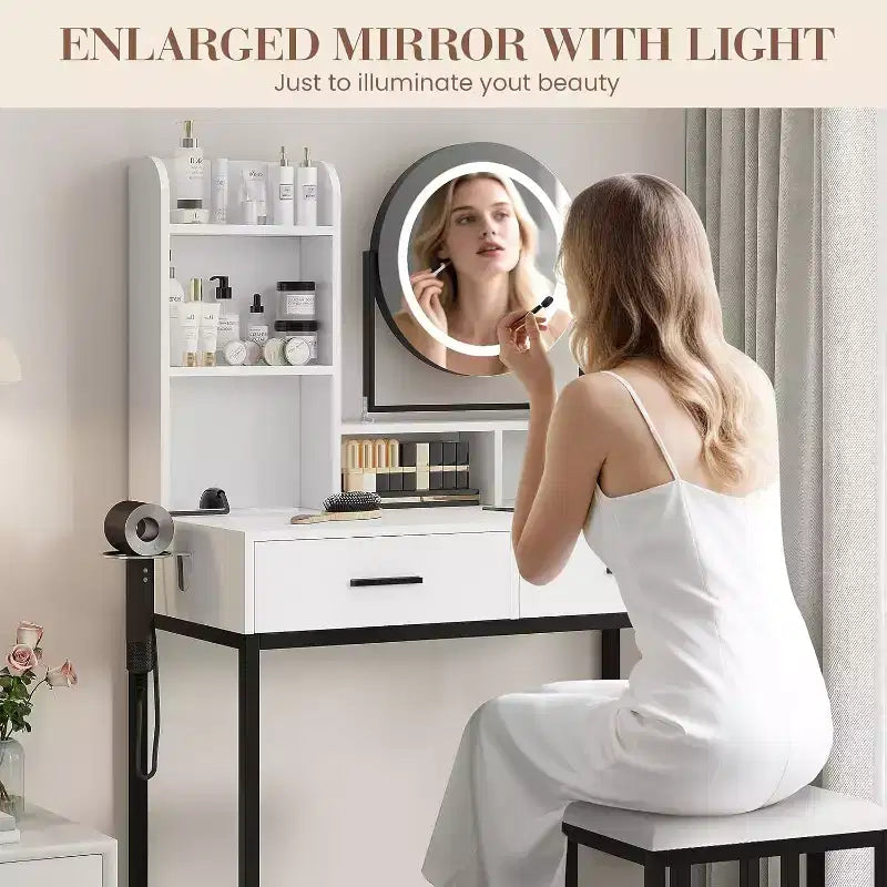Coiffeuse avec Miroir Lumineux 3 Couleurs, Table de Maquillage avec 2 Tiroirs, Tabouret et Prise Électrique, Chêne Blanc