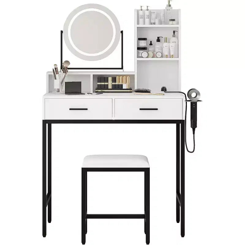 Coiffeuse avec Miroir Lumineux 3 Couleurs, Table de Maquillage avec 2 Tiroirs, Tabouret et Prise Électrique, Chêne Blanc