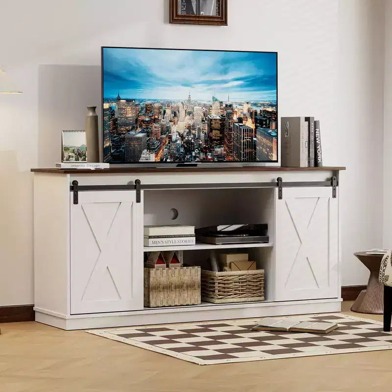 Meuble TV pour téléviseur 65 pouces avec portes coulissantes façon grange, rangements et étagères ouvertes, console de salon