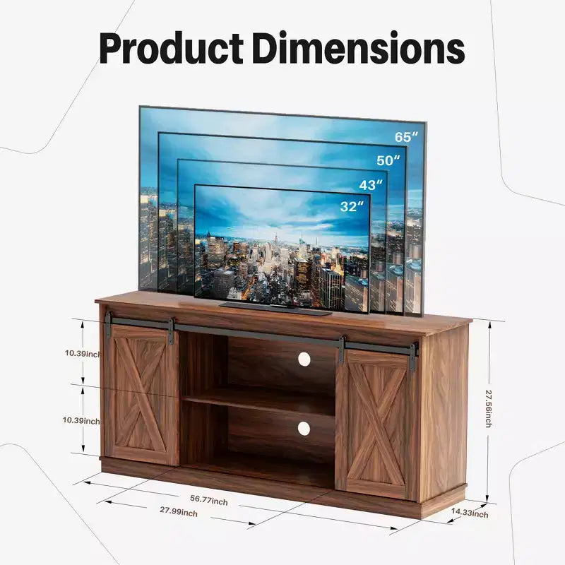 Meuble TV pour téléviseur 65 pouces avec portes coulissantes façon grange, rangements et étagères ouvertes, console de salon