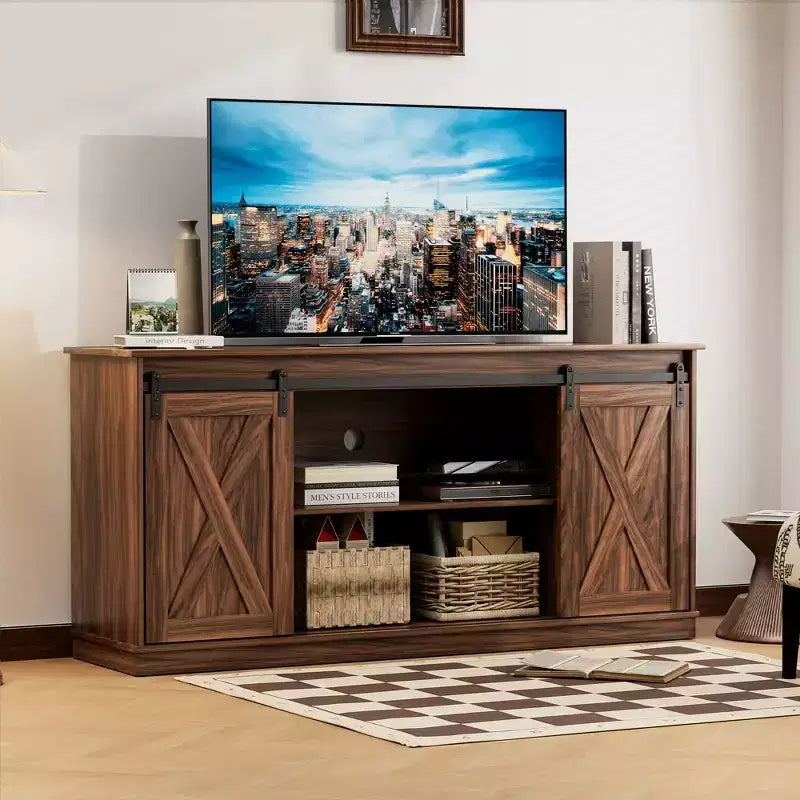 Meuble TV pour téléviseur 65 pouces avec portes coulissantes façon grange, rangements et étagères ouvertes, console de salon