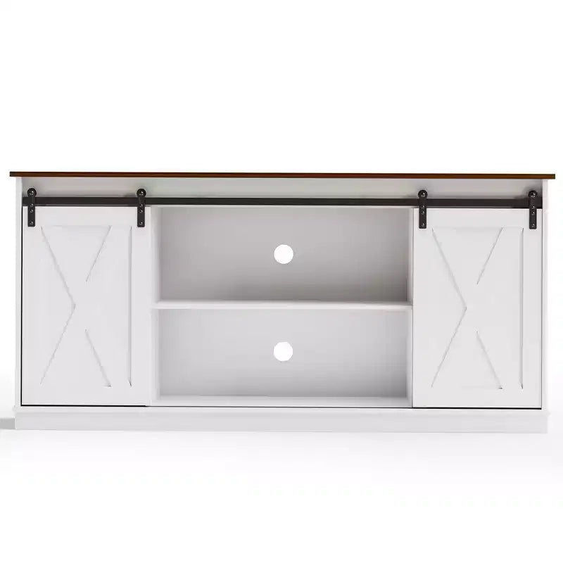 Meuble TV pour téléviseur 65 pouces avec portes coulissantes façon grange, rangements et étagères ouvertes, console de salon