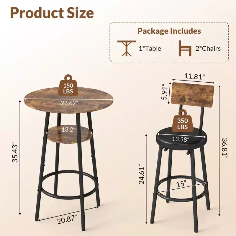 Ensemble table de bar ronde 3 pièces pour 2, petite table à manger avec rangement et 2 tabourets rembourrés, marron