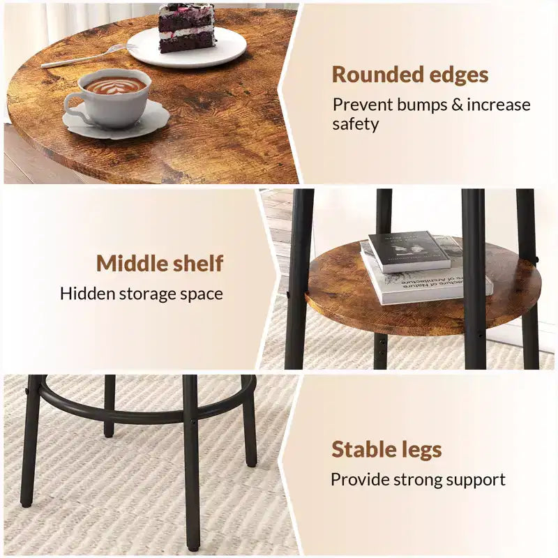 Ensemble table de bar ronde 3 pièces pour 2, petite table à manger avec rangement et 2 tabourets rembourrés, marron