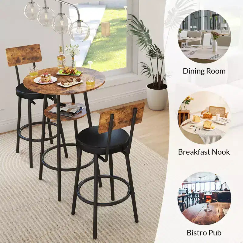 Ensemble table de bar ronde 3 pièces pour 2, petite table à manger avec rangement et 2 tabourets rembourrés, marron