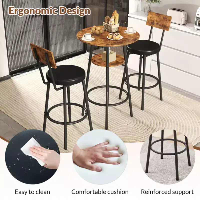 Ensemble table de bar ronde 3 pièces pour 2, petite table à manger avec rangement et 2 tabourets rembourrés, marron
