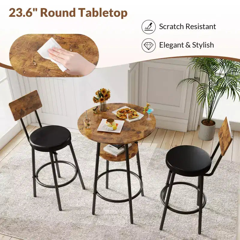 Ensemble table de bar ronde 3 pièces pour 2, petite table à manger avec rangement et 2 tabourets rembourrés, marron