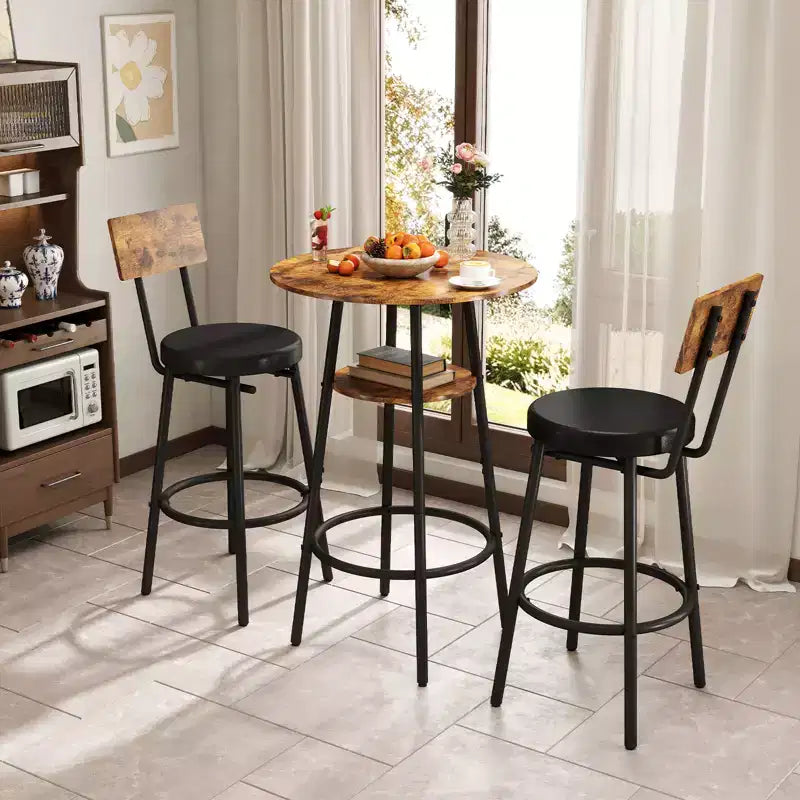 Ensemble table de bar ronde 3 pièces pour 2, petite table à manger avec rangement et 2 tabourets rembourrés, marron