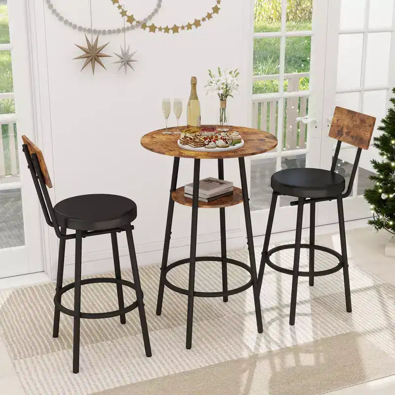 Ensemble table de bar ronde 3 pièces pour 2, petite table à manger avec rangement et 2 tabourets rembourrés, marron