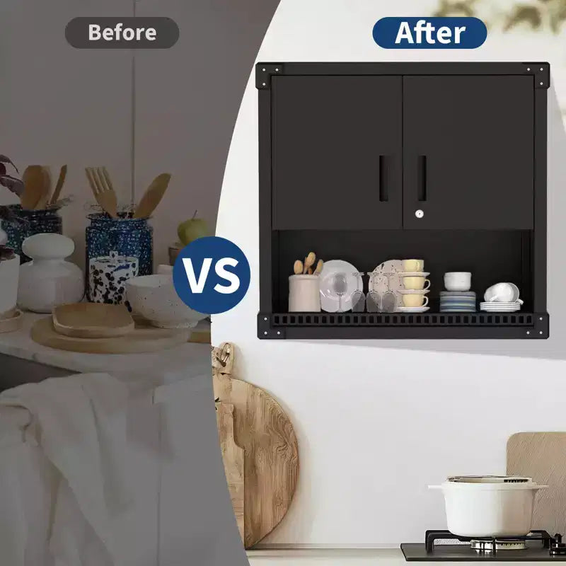 Armoire murale robuste | Rangement suspendu en acier avec étagères et serrure | Organiseur antirouille pour garage, atelier, entrepôt - Noir