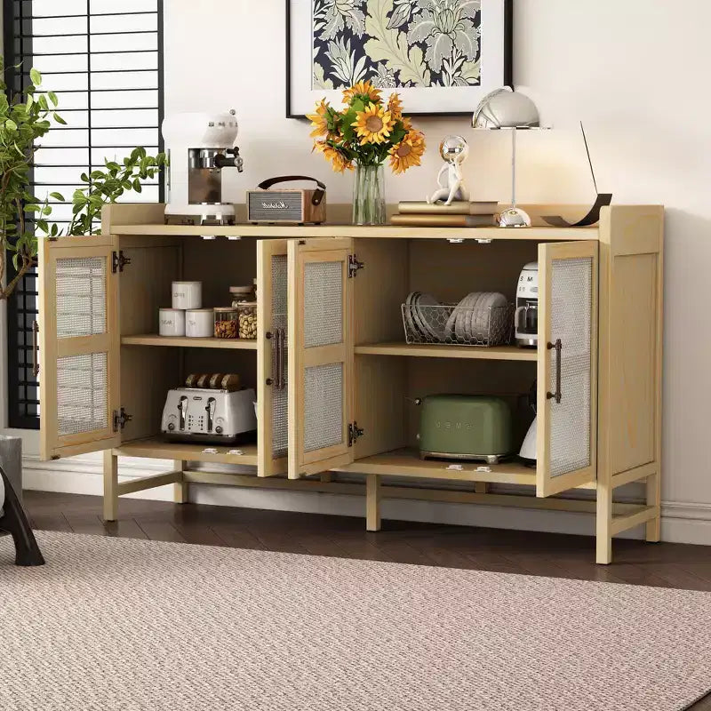 Bahut de salle à manger avec 4 portes décoratives en rotin, meuble de rangement pour entrée et salle à manger