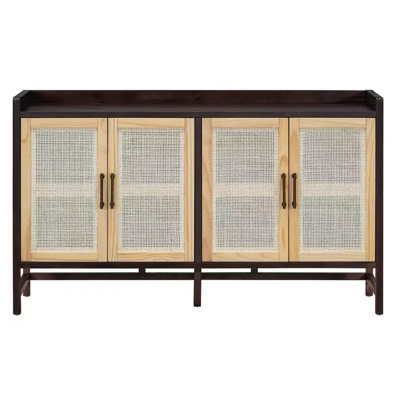 Bahut de salle à manger avec 4 portes décoratives en rotin, meuble de rangement pour entrée et salle à manger