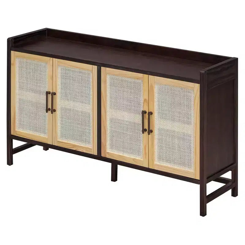 Bahut de salle à manger avec 4 portes décoratives en rotin, meuble de rangement pour entrée et salle à manger