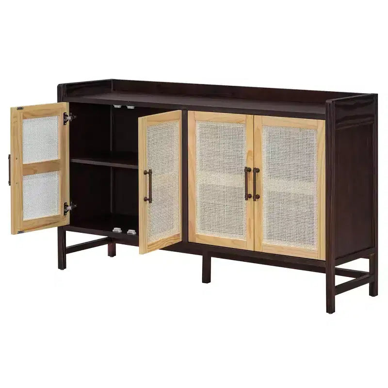 Bahut de salle à manger avec 4 portes décoratives en rotin, meuble de rangement pour entrée et salle à manger