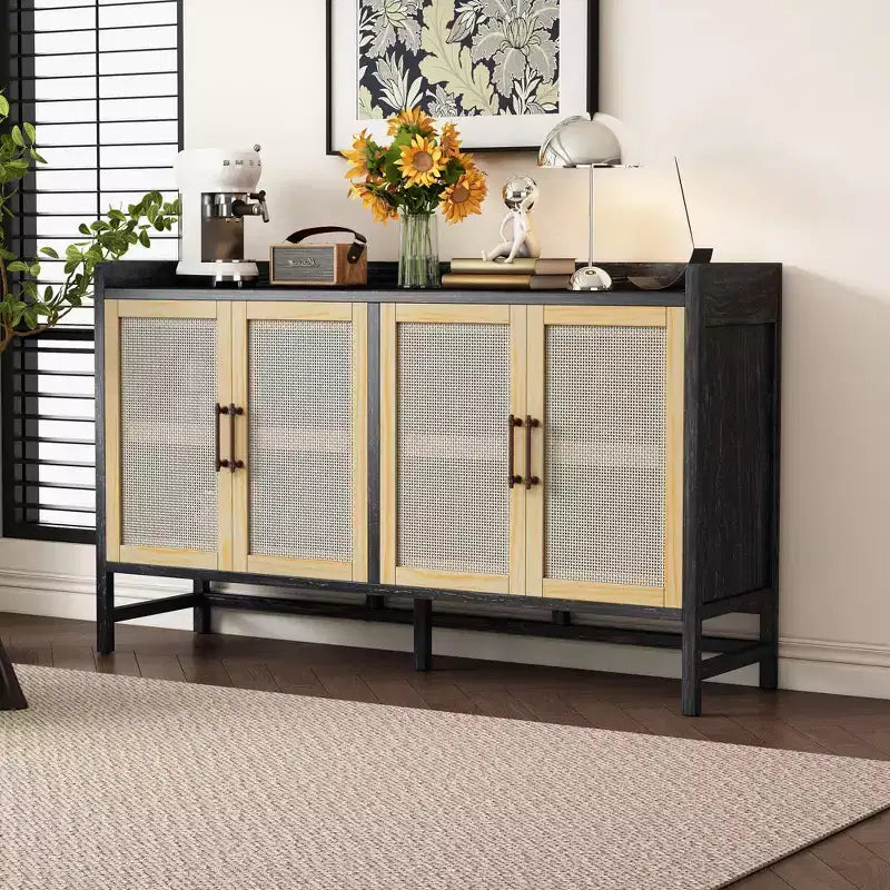 Bahut de salle à manger avec 4 portes décoratives en rotin, meuble de rangement pour entrée et salle à manger