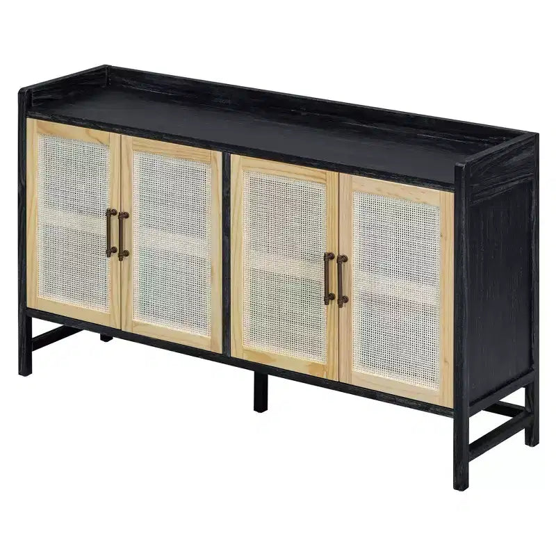 Bahut de salle à manger avec 4 portes décoratives en rotin, meuble de rangement pour entrée et salle à manger