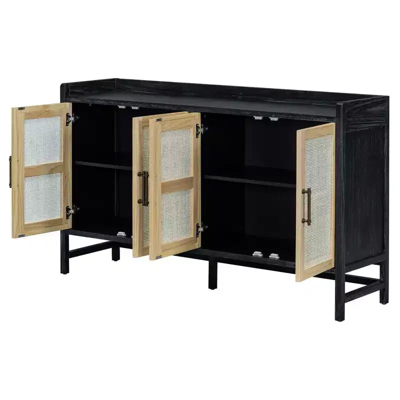 Bahut de salle à manger avec 4 portes décoratives en rotin, meuble de rangement pour entrée et salle à manger