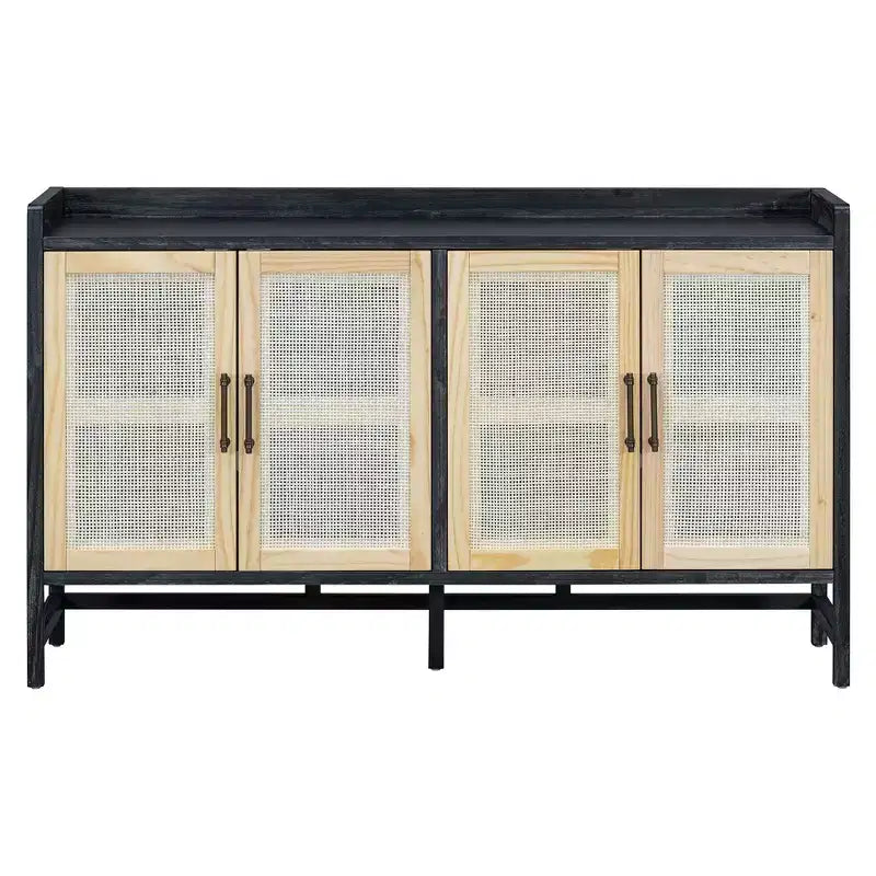 Bahut de salle à manger avec 4 portes décoratives en rotin, meuble de rangement pour entrée et salle à manger
