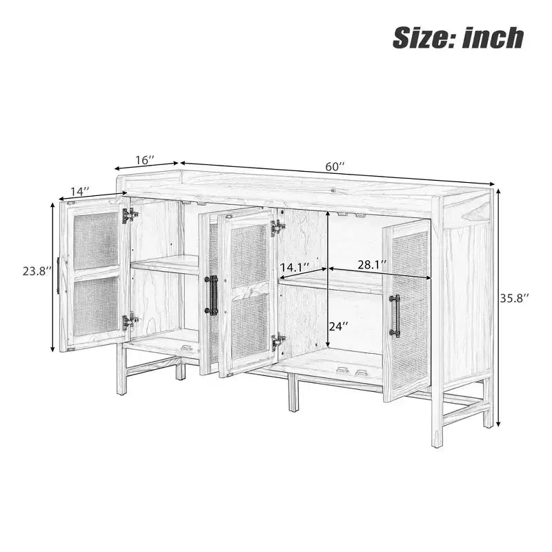 Bahut de salle à manger avec 4 portes décoratives en rotin, meuble de rangement pour entrée et salle à manger