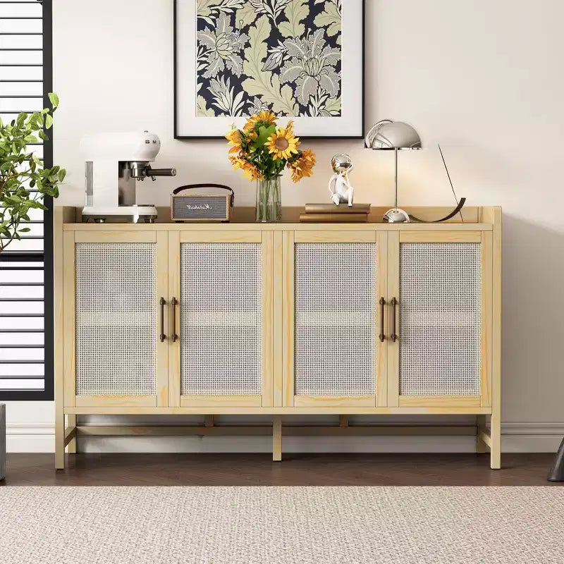 Bahut de salle à manger avec 4 portes décoratives en rotin, meuble de rangement pour entrée et salle à manger