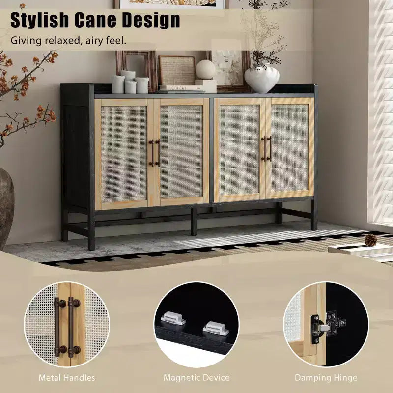 Bahut de salle à manger avec 4 portes décoratives en rotin, meuble de rangement pour entrée et salle à manger