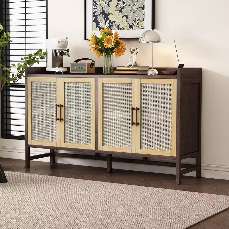 Bahut de salle à manger avec 4 portes décoratives en rotin, meuble de rangement pour entrée et salle à manger