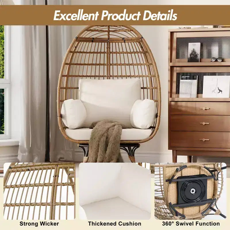 Grand fauteuil œuf rotatif à 360° - Fauteuil de jardin rotatif en rotin avec structure en acier et 4 coussins pour le patio, le salon et plus encore