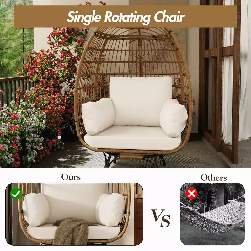 Grand fauteuil œuf rotatif à 360° - Fauteuil de jardin rotatif en rotin avec structure en acier et 4 coussins pour le patio, le salon et plus encore