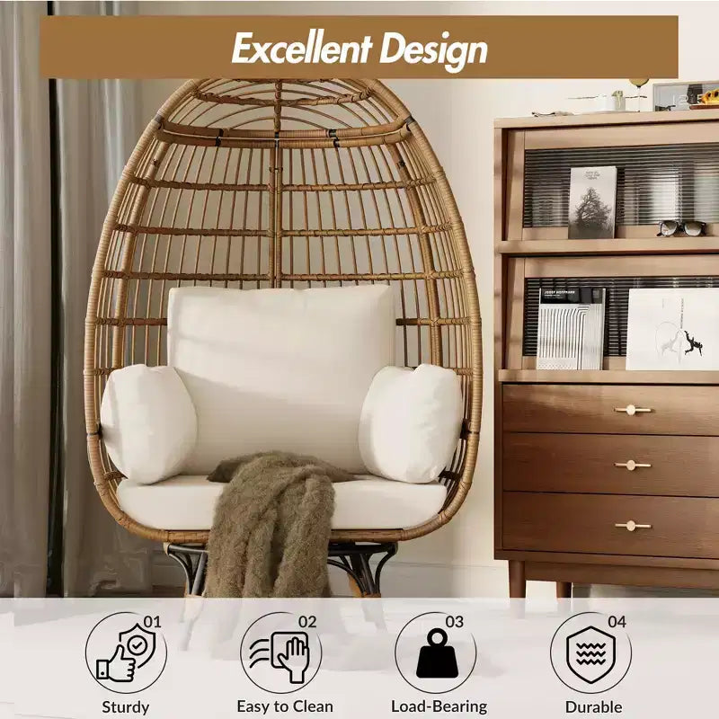 Grand fauteuil œuf rotatif à 360° - Fauteuil de jardin rotatif en rotin avec structure en acier et 4 coussins pour le patio, le salon et plus encore