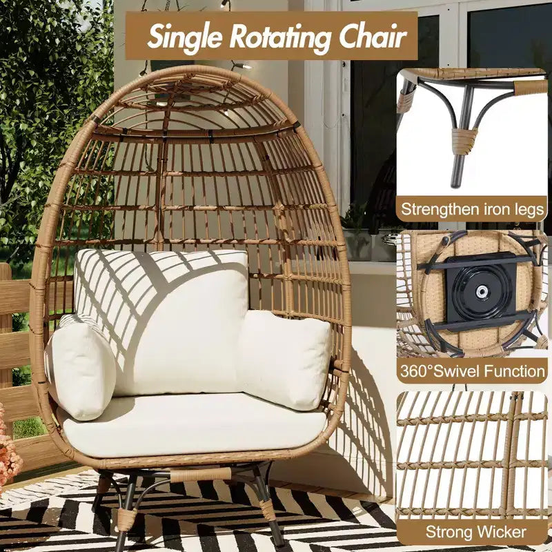 Grand fauteuil œuf rotatif à 360° - Fauteuil de jardin rotatif en rotin avec structure en acier et 4 coussins pour le patio, le salon et plus encore