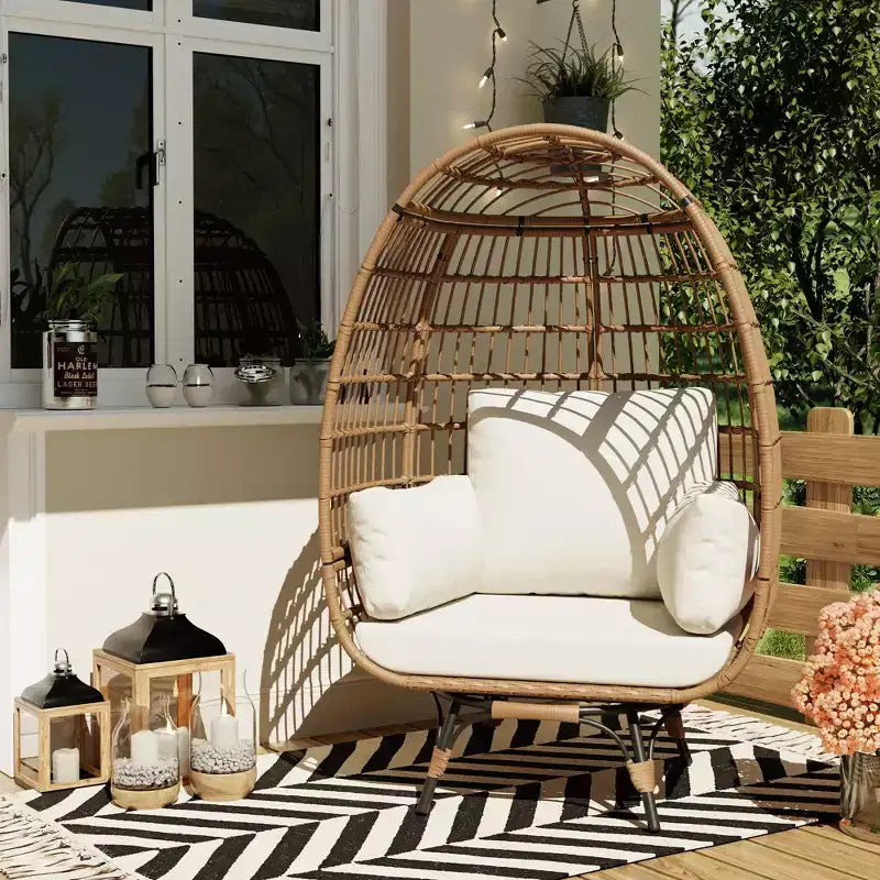 Grand fauteuil œuf rotatif à 360° - Fauteuil de jardin rotatif en rotin avec structure en acier et 4 coussins pour le patio, le salon et plus encore