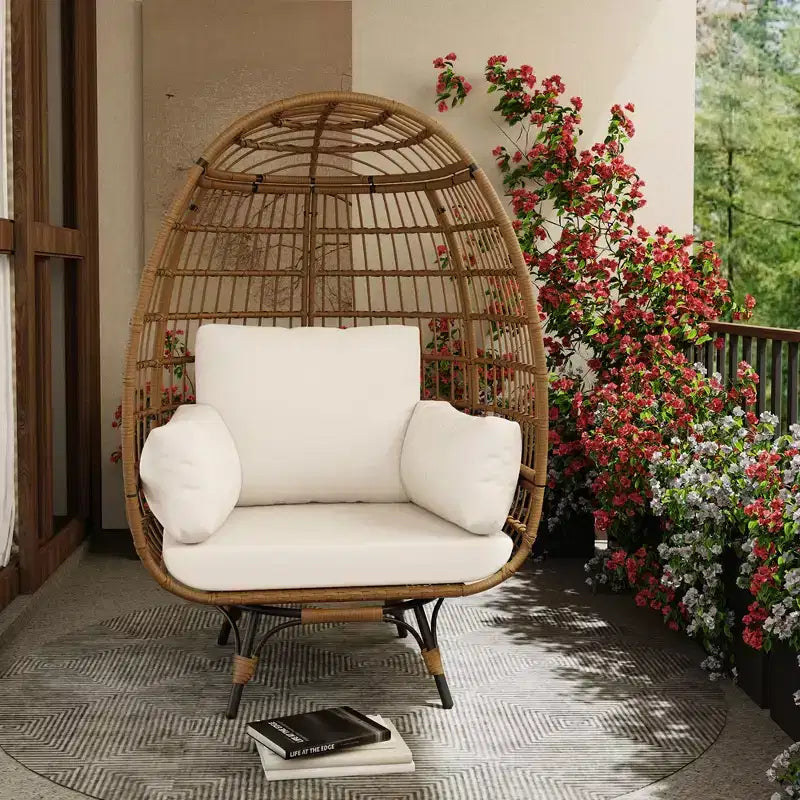 Grand fauteuil œuf rotatif à 360° - Fauteuil de jardin rotatif en rotin avec structure en acier et 4 coussins pour le patio, le salon et plus encore