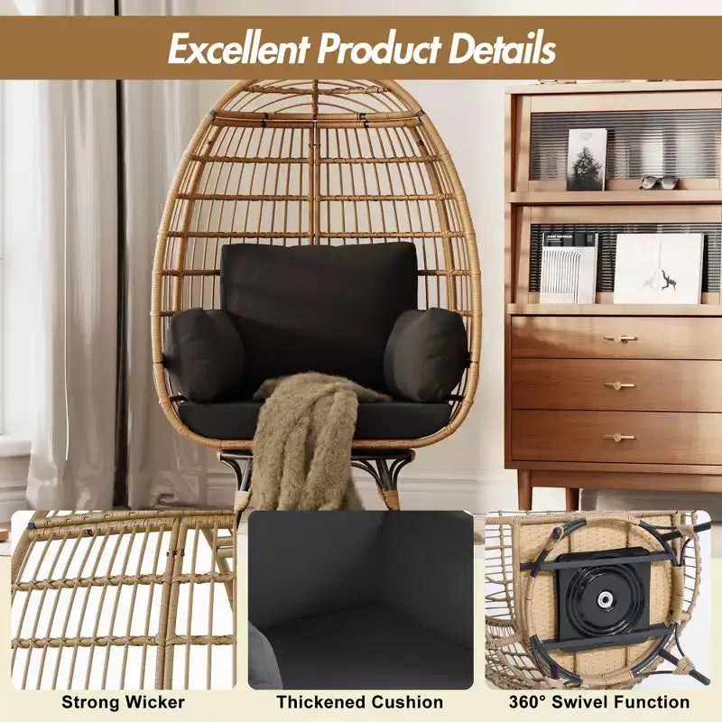 Grand fauteuil œuf rotatif à 360° - Fauteuil de jardin rotatif en rotin avec structure en acier et 4 coussins pour le patio, le salon et plus encore