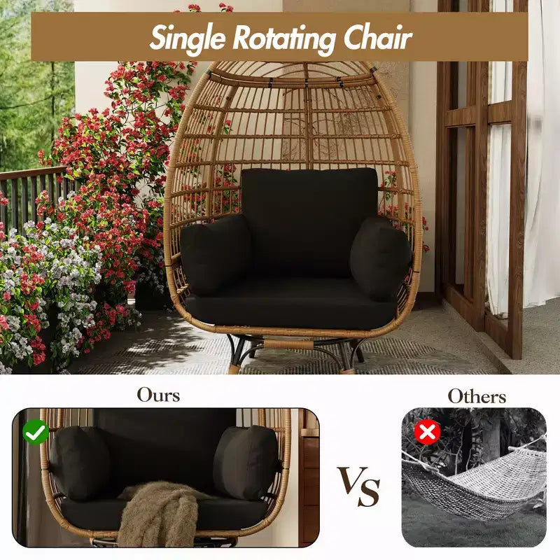 Grand fauteuil œuf rotatif à 360° - Fauteuil de jardin rotatif en rotin avec structure en acier et 4 coussins pour le patio, le salon et plus encore