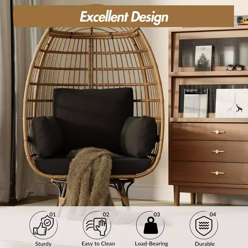 Grand fauteuil œuf rotatif à 360° - Fauteuil de jardin rotatif en rotin avec structure en acier et 4 coussins pour le patio, le salon et plus encore