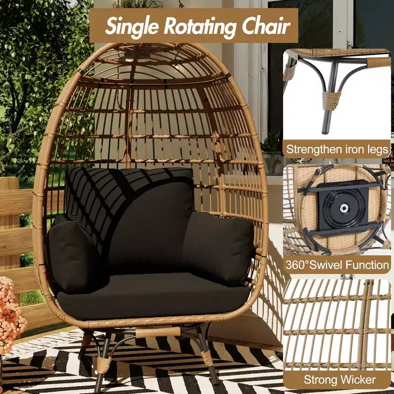 Grand fauteuil œuf rotatif à 360° - Fauteuil de jardin rotatif en rotin avec structure en acier et 4 coussins pour le patio, le salon et plus encore