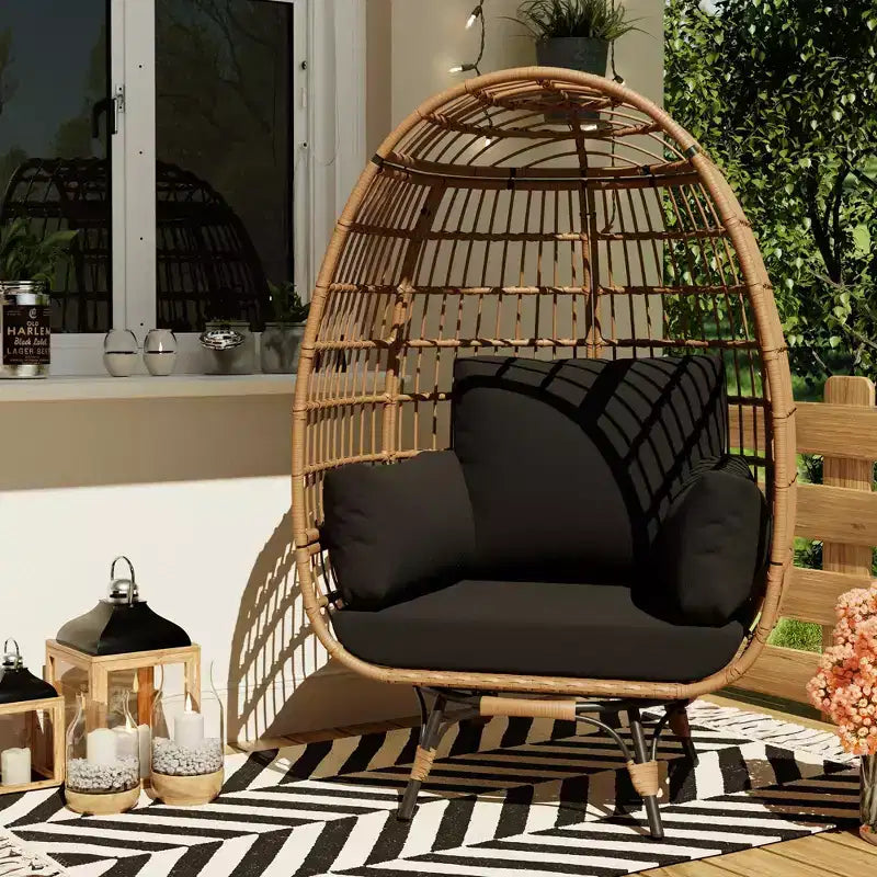 Grand fauteuil œuf rotatif à 360° - Fauteuil de jardin rotatif en rotin avec structure en acier et 4 coussins pour le patio, le salon et plus encore
