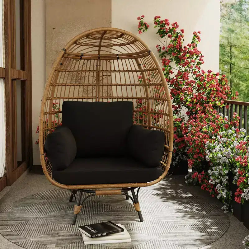 Grand fauteuil œuf rotatif à 360° - Fauteuil de jardin rotatif en rotin avec structure en acier et 4 coussins pour le patio, le salon et plus encore